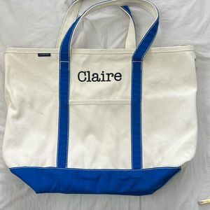 Lands End Canvas Tote “Large” size with name Claire Blue and Cream